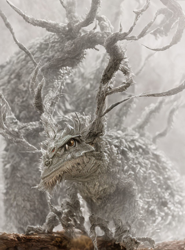 Detailed Dragon Sculpture with Textured Scales and Branches in Misty Setting