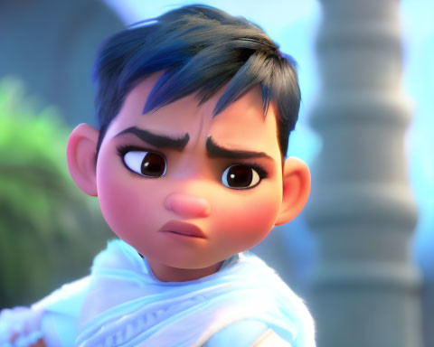 Animated character with dark hair and blue streak wearing white outfit