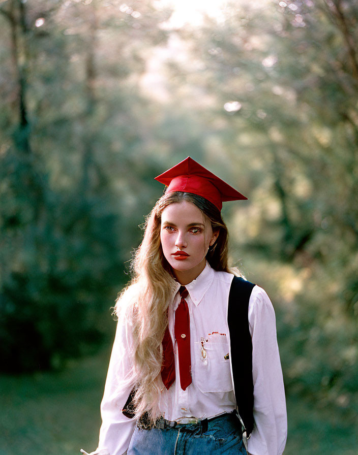 Young woman in white shirt and denim jeans with red graduation cap in wooded area.