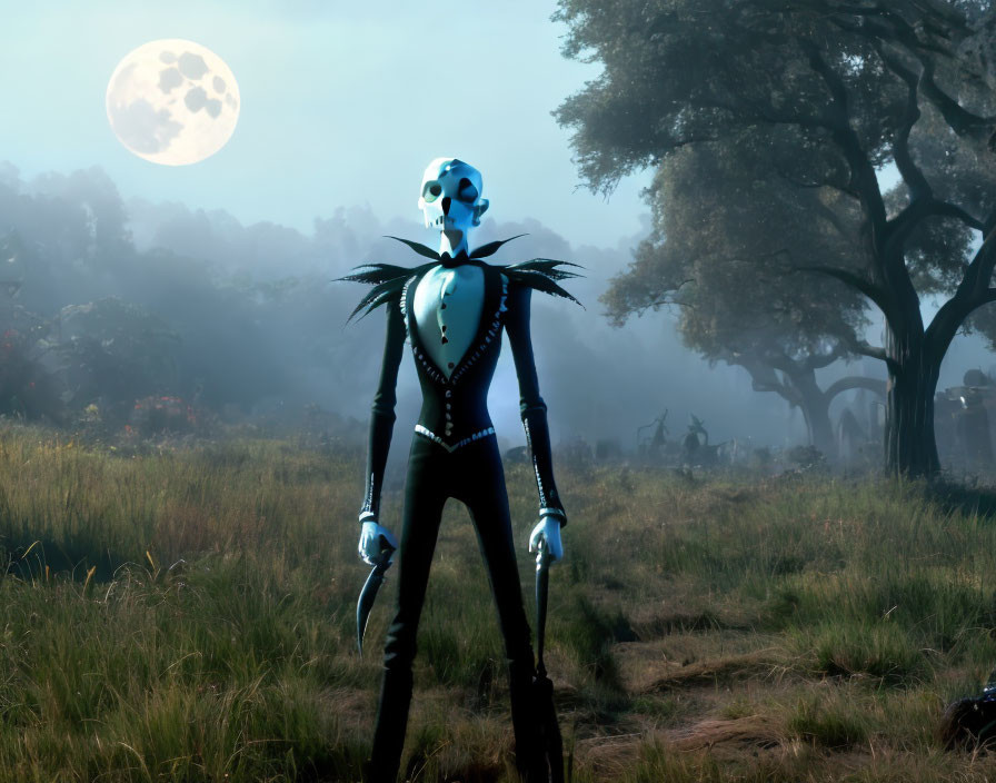 Skeleton-like animated character in moonlit field with foggy trees