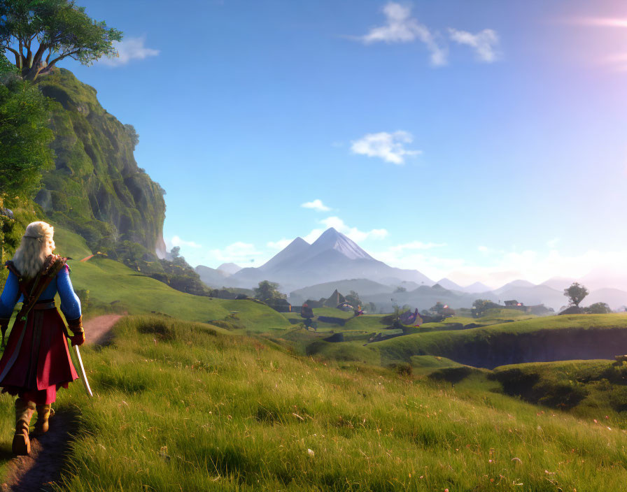 Blonde-Haired Character in Red Cape in Vibrant Landscape