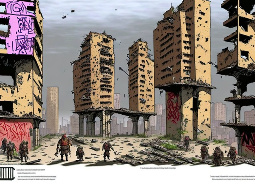 Dilapidated high-rise buildings in post-apocalyptic urban landscape