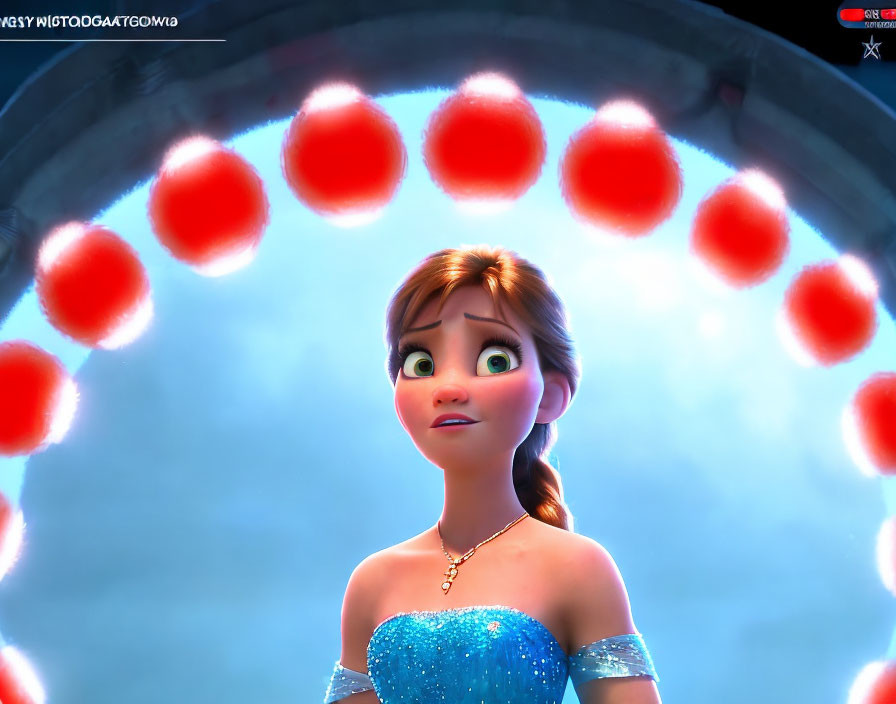 Auburn-haired animated character in blue dress with floating red orbs in dark setting