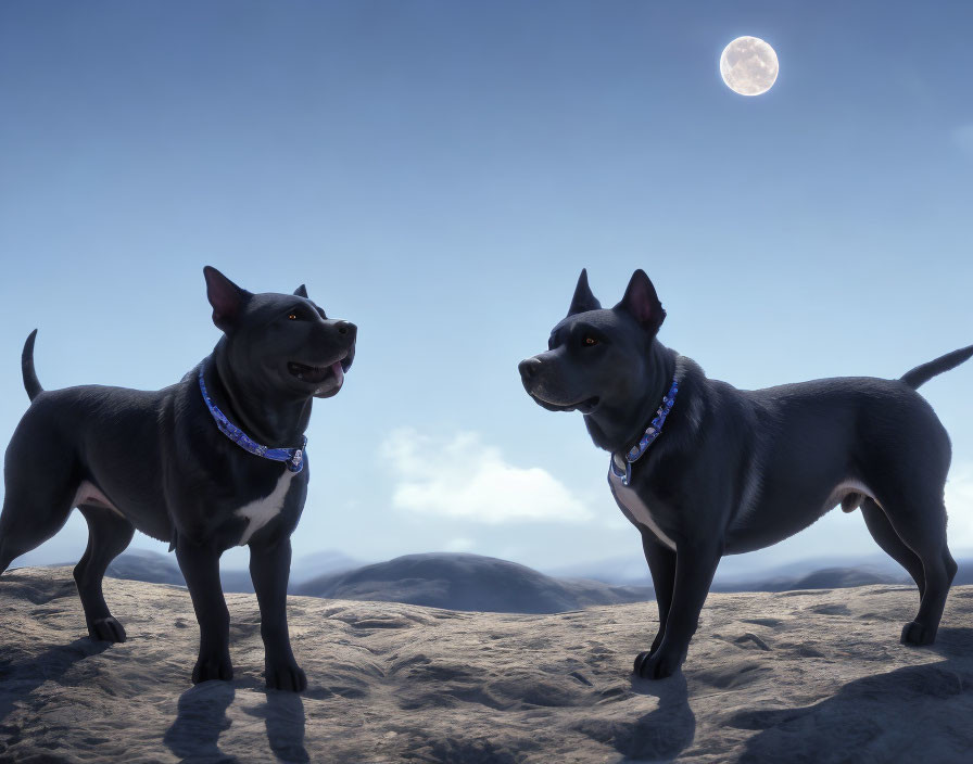 Two dogs on rocky terrain under moonlit sky