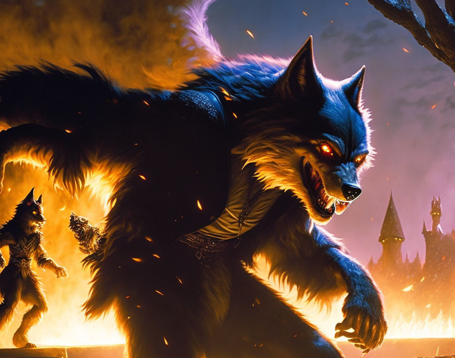 Giant wolf in fiery setting with red-eyed wolves and castle silhouette