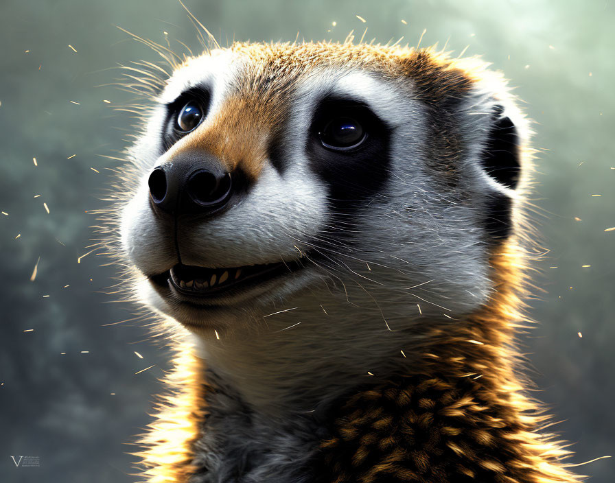 Detailed Meerkat Face with Bright Eyes and Fur on Dark Bokeh Background