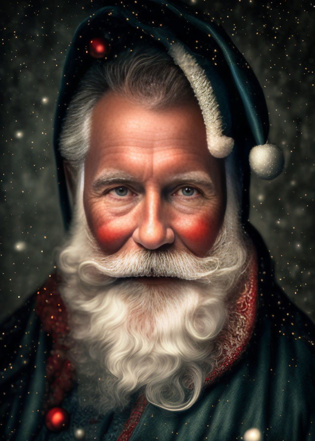 Man with White Beard as Santa Claus in Green Hat on Starry Background
