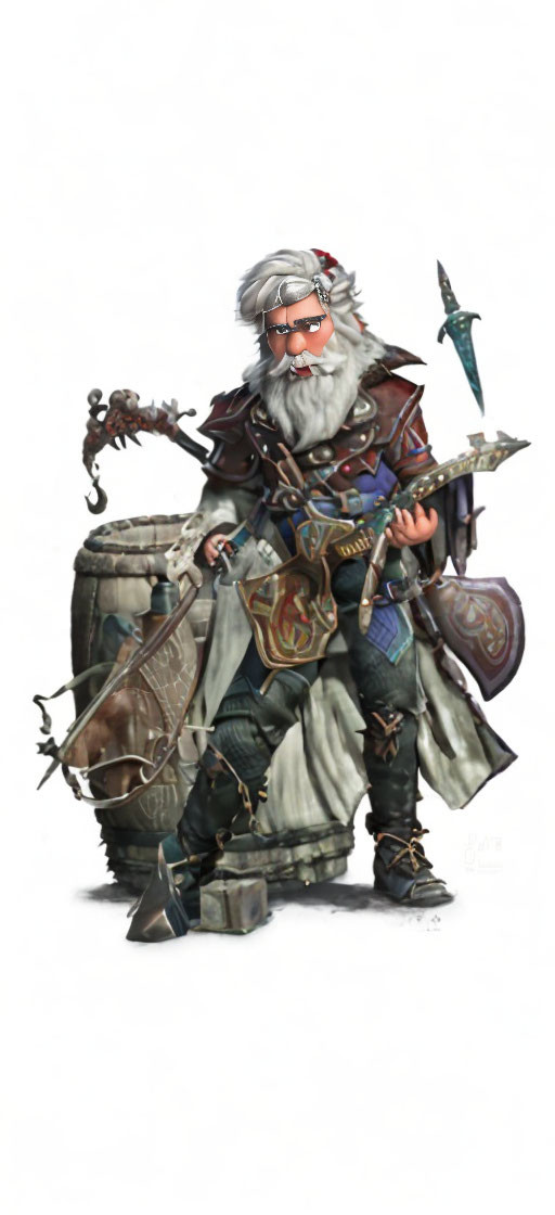 Dwarven warrior with white beard in armor and sunglasses carrying hammer and shield