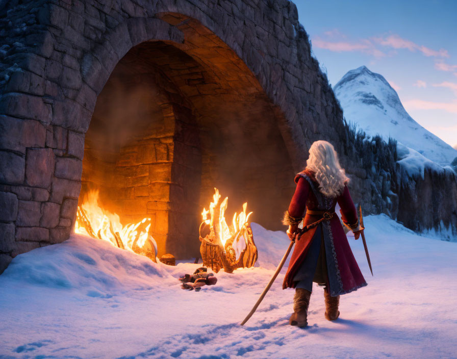 Warrior in red cloak by burning fire in snowy mountain landscape.