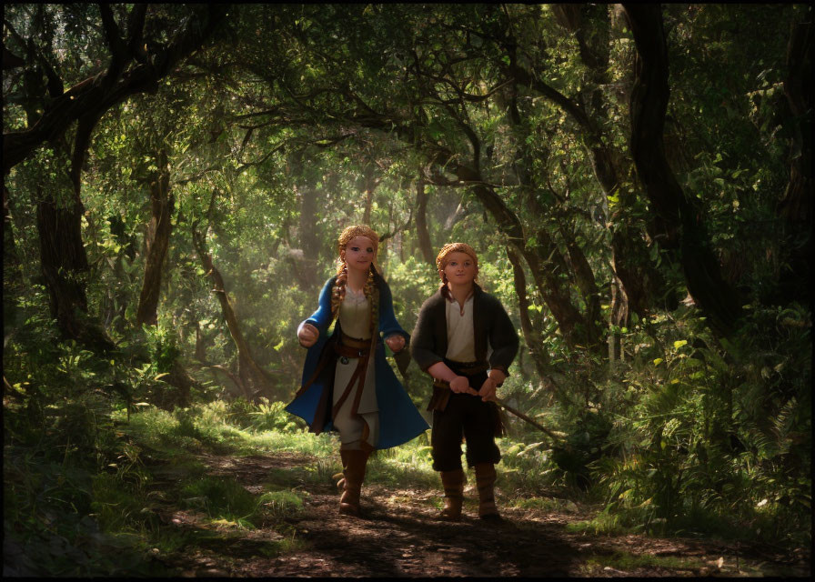 Female and male animated characters walking in lush forest setting.