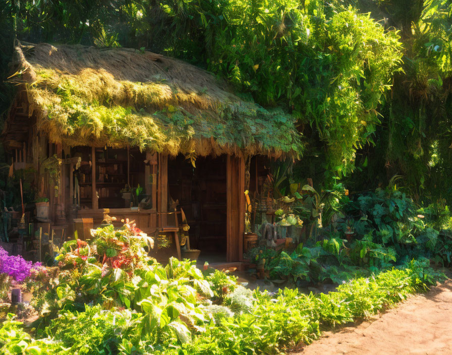 Sunlit Cottage with Thatched Roof Surrounded by Lush Greenery