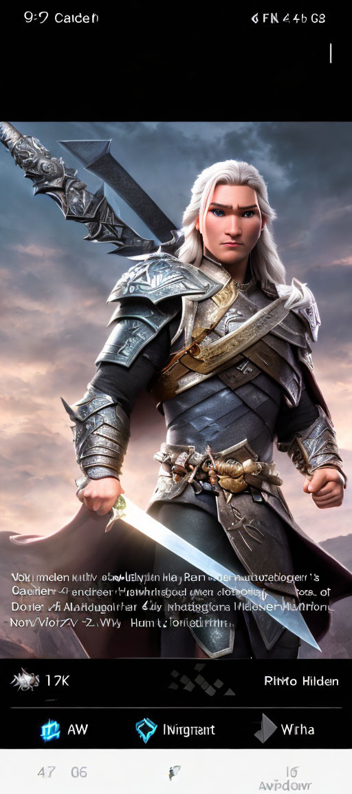 Fantasy warrior digital art: silver-haired character in ornate armor with large sword