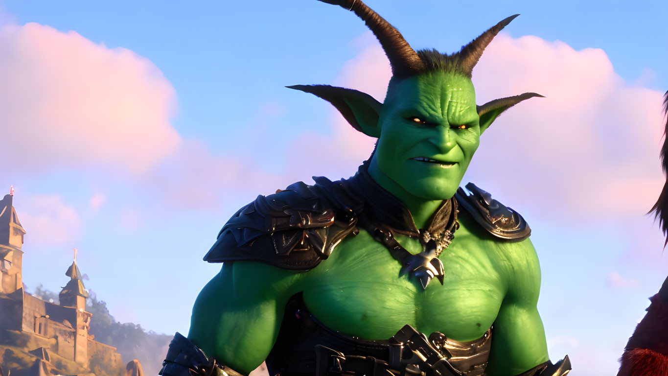 Close-up of green-skinned orc in black armor against castle and pink cloud backdrop
