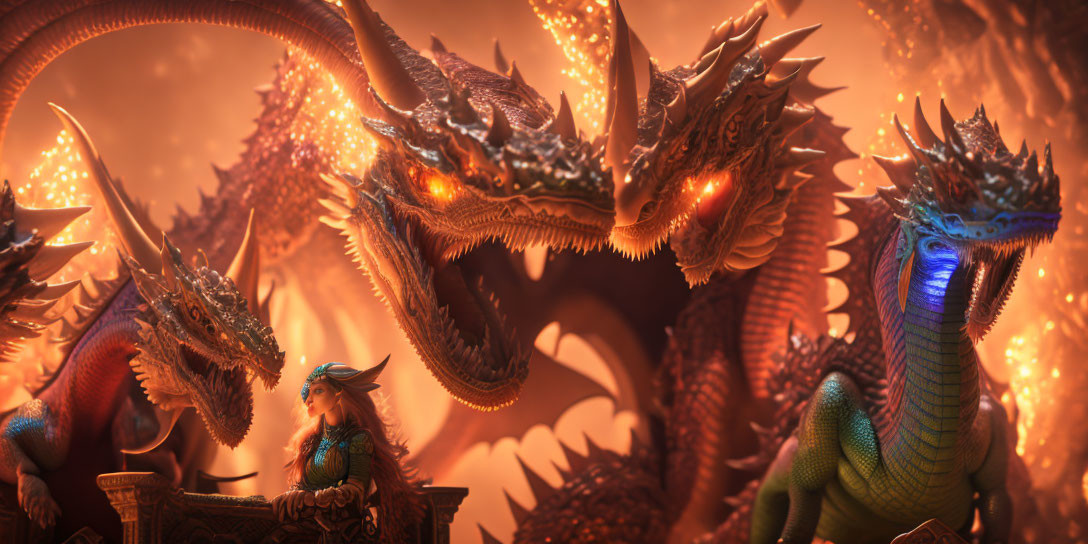 Multiple fierce dragons surrounding a calm warrior in a fiery fantasy scene