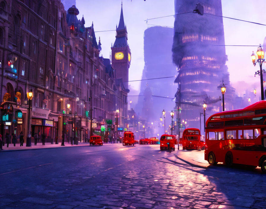 London street at dusk: Red buses, Big Ben, purple sky