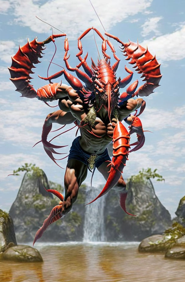 Fantasy warrior with lobster claws in blue shorts jumps in scenic landscape