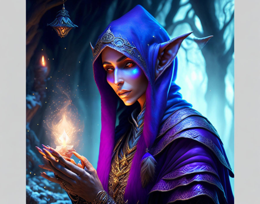 Mystical elf in purple robes conjures magical light in enchanted forest
