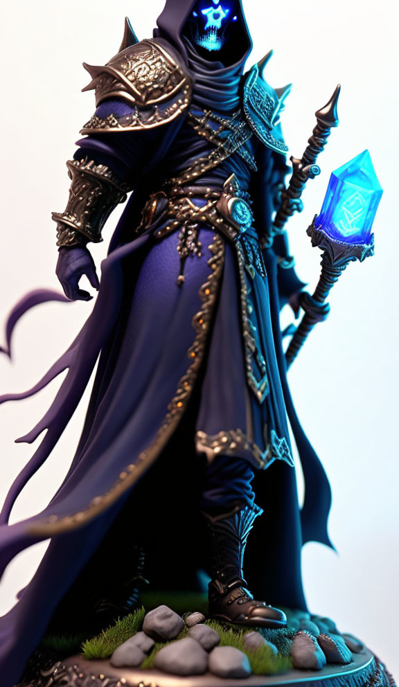 Hooded figure with glowing blue features and spectral staff on rocky surface