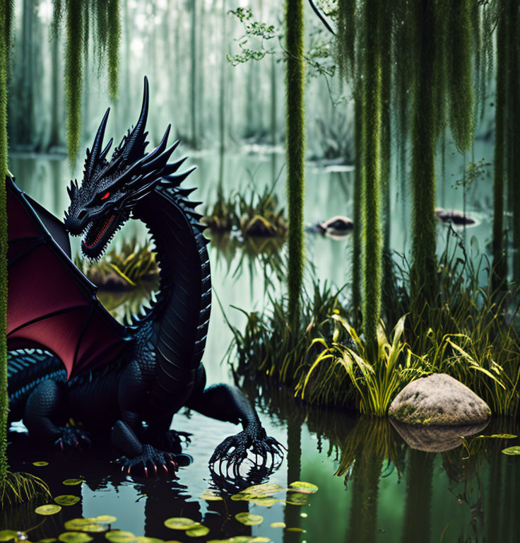 Black dragon with red wings in misty swamp with hanging moss and lily pads