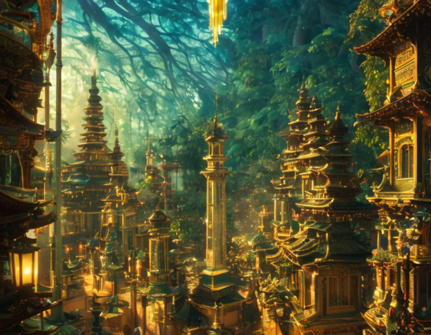 Underwater city with Asian architecture and golden light.