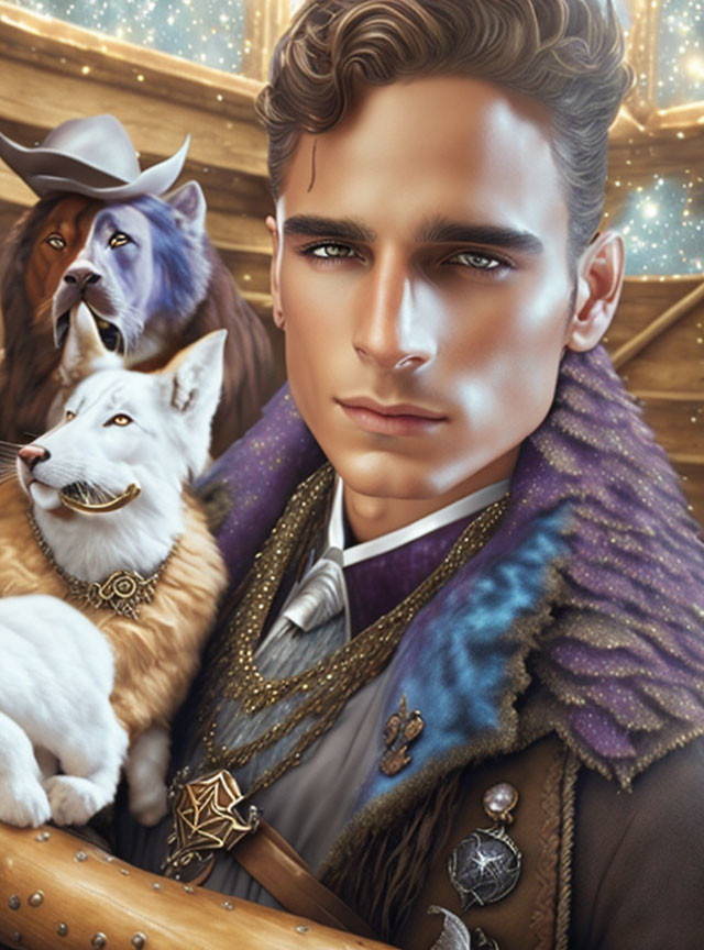 Fantasy Western-themed illustration with man, wolf, and mystical creature