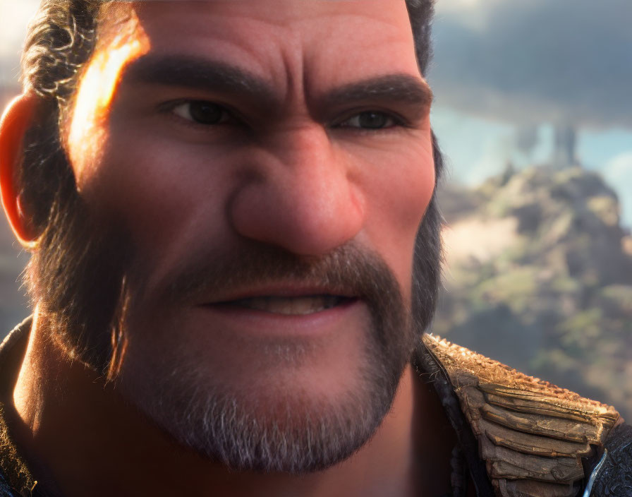 Detailed rugged male character with thick beard and intense gaze in sunlight