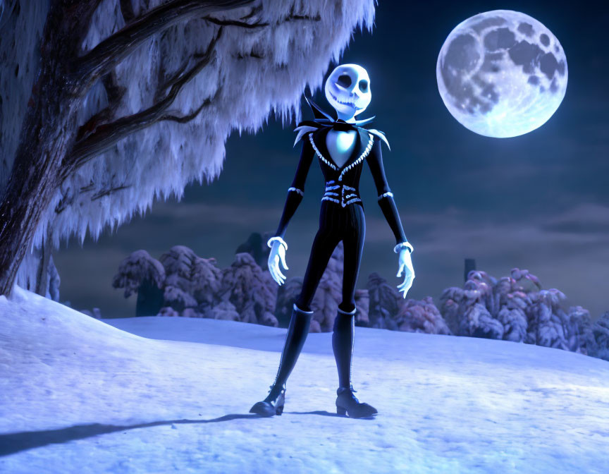 Stylized skeletal character under full moon in snowy landscape