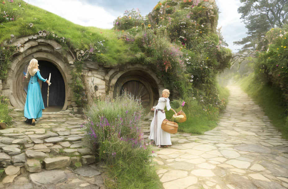 Historical Attired Women by Quaint Hillside Hobbit-like Homes