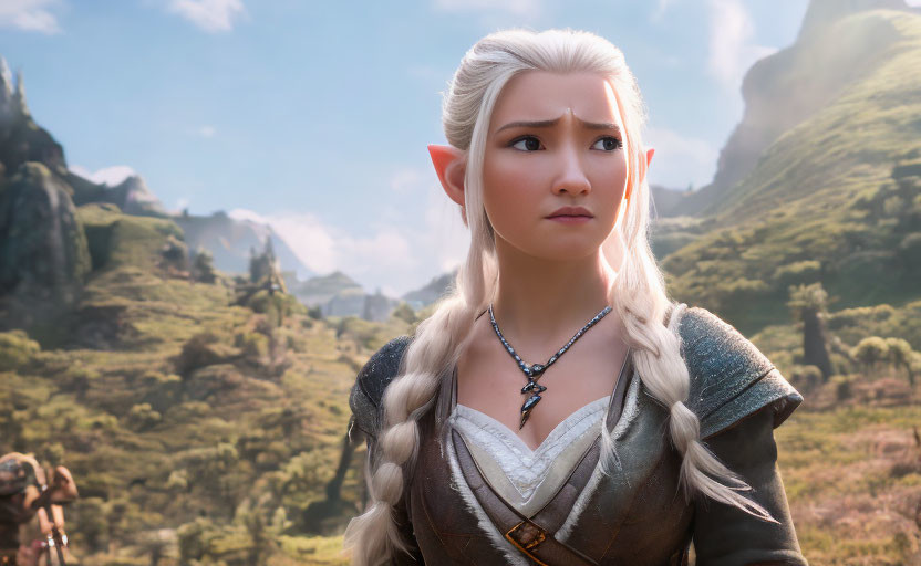 Elf with White Hair in Medieval Clothing Against Mountain Backdrop