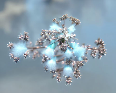 Intricate 3D fractal art: Light blue and brown flower with branching patterns