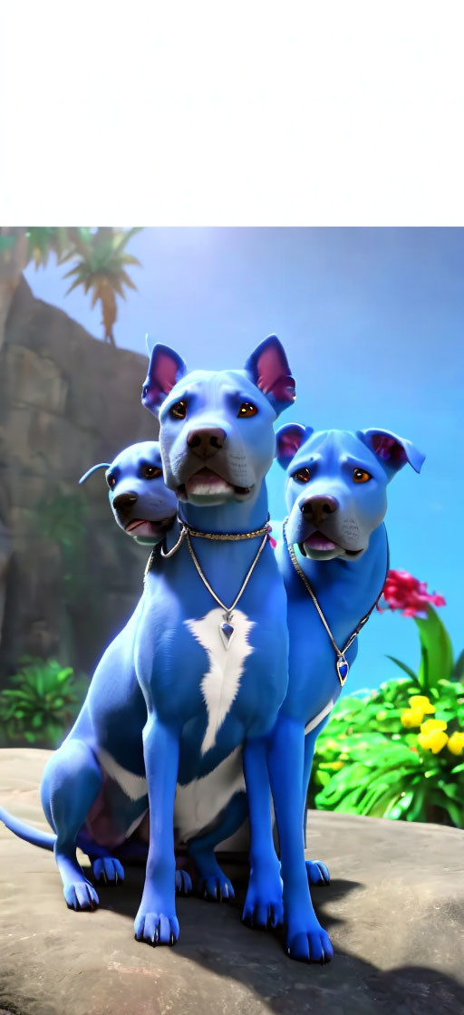 Three animated blue dogs with white markings and necklaces in sunny outdoor scene