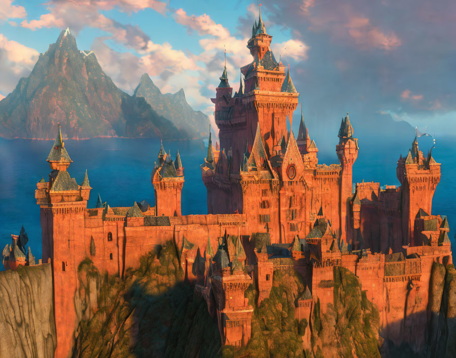 Fantasy castle with spires at sunset by the sea