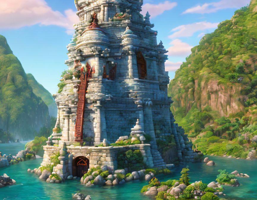 Fantasy tower with staircases and red banners on rugged isle surrounded by river and greenery
