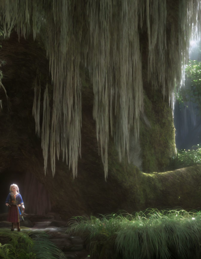 Medieval attired person in lush forest cave with sunlight and hanging moss.