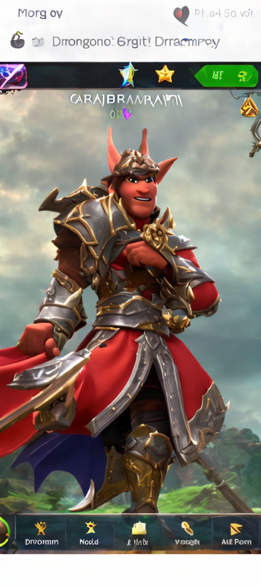 Fantasy character in ornate armor with red cape and golden scepter against cloudy sky.