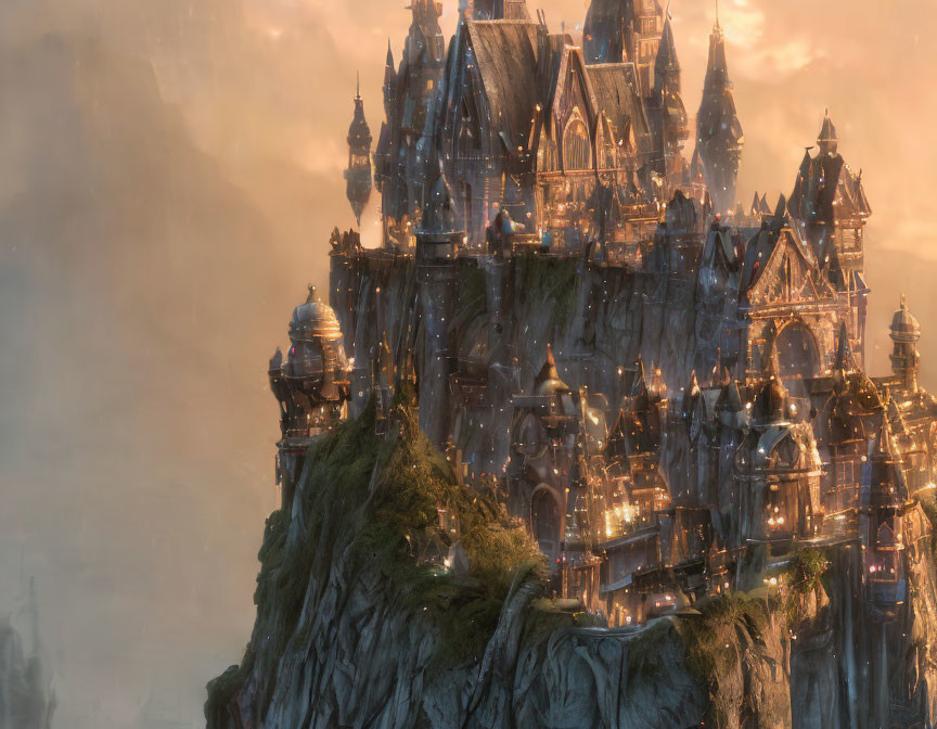 Majestic fantasy castle on rugged cliff with intricate towers and spires