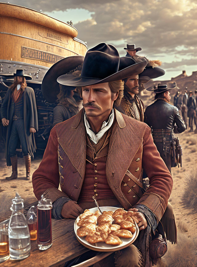 Man in Western attire with mustache holding pastries at desert bar with vintage train and people.