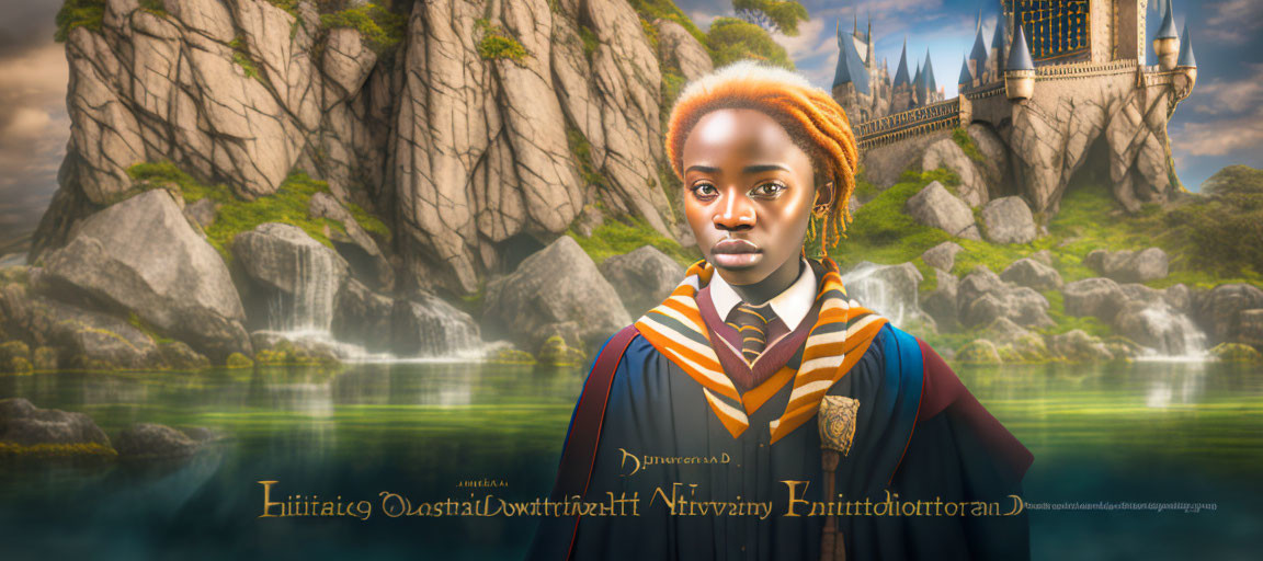 Young woman in wizarding school uniform at fantastical castle and serene lake