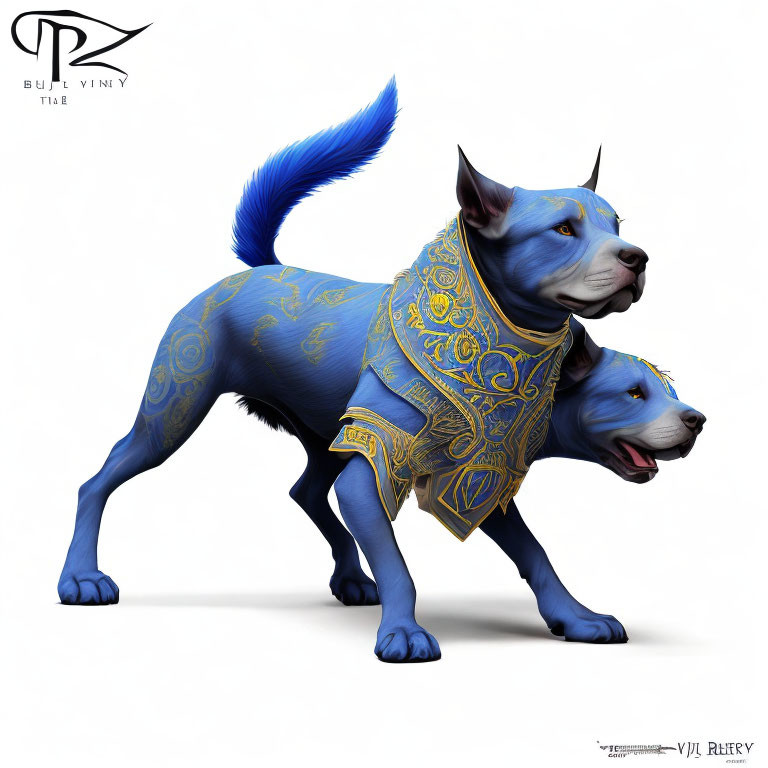 Two-headed dog digital illustration with blue fur and gold patterns