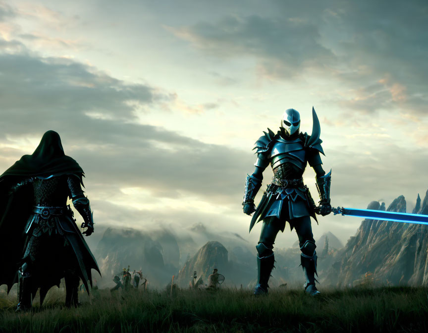 Armored figures in mountainous landscape with glowing blue sword