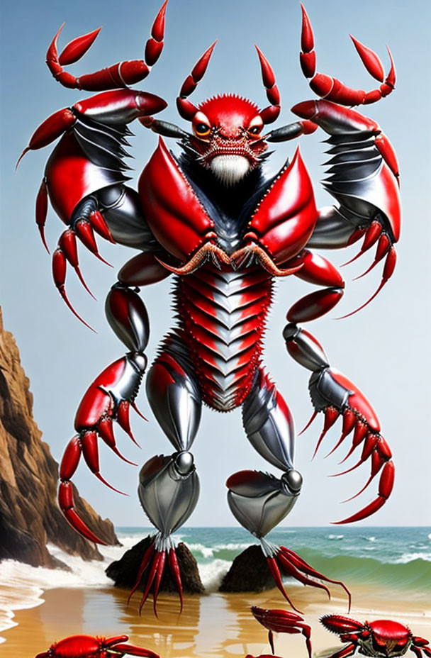Detailed Digital Art: Oversized Mechanical Crab on Beach