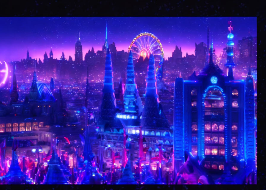 Vibrant animated cityscape at night with glowing buildings and Ferris wheel