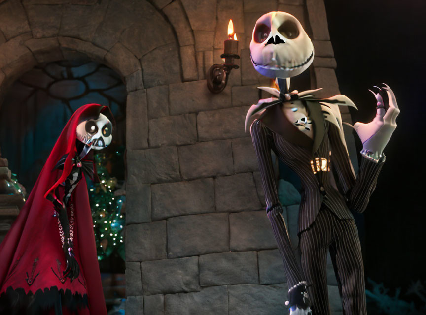 Skeleton and red cloaked animated characters in Gothic setting
