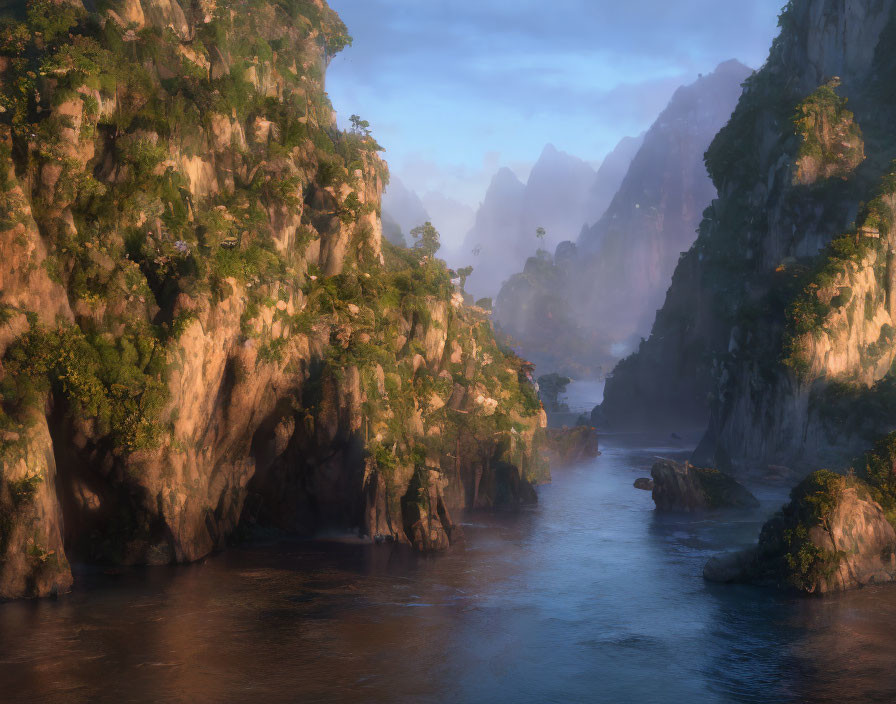 Scenic misty river in rugged valley with towering cliffs and lush foliage