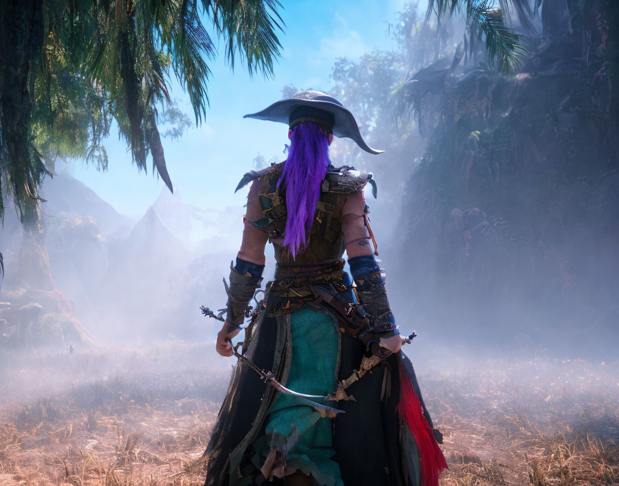 Purple-haired character in tricorn hat wields sword in mystical forest with ethereal fog and lush foliage
