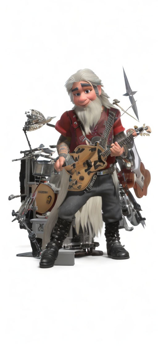 Elderly Rocker Animated Character Playing Guitar with Elaborate Drum Set
