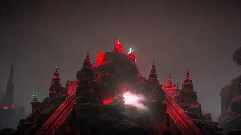 Mystical nocturnal landscape with glowing red spires and starry sky