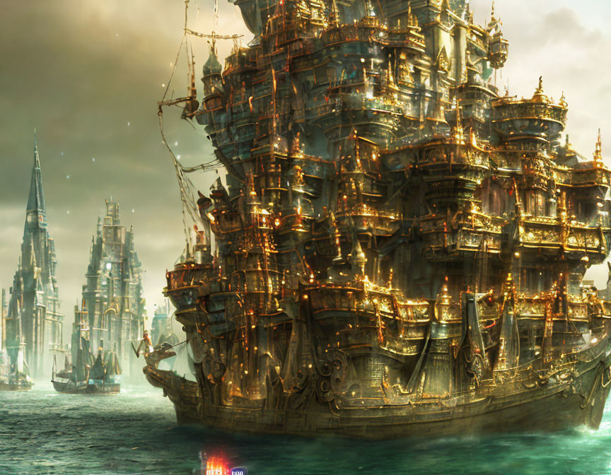 Fantasy galleon sailing near city with towering spires
