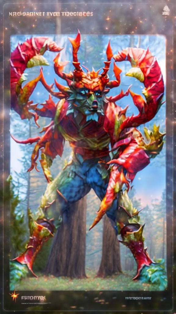 Fantasy trading card: Red armor-clad creature with horns and claws in forest