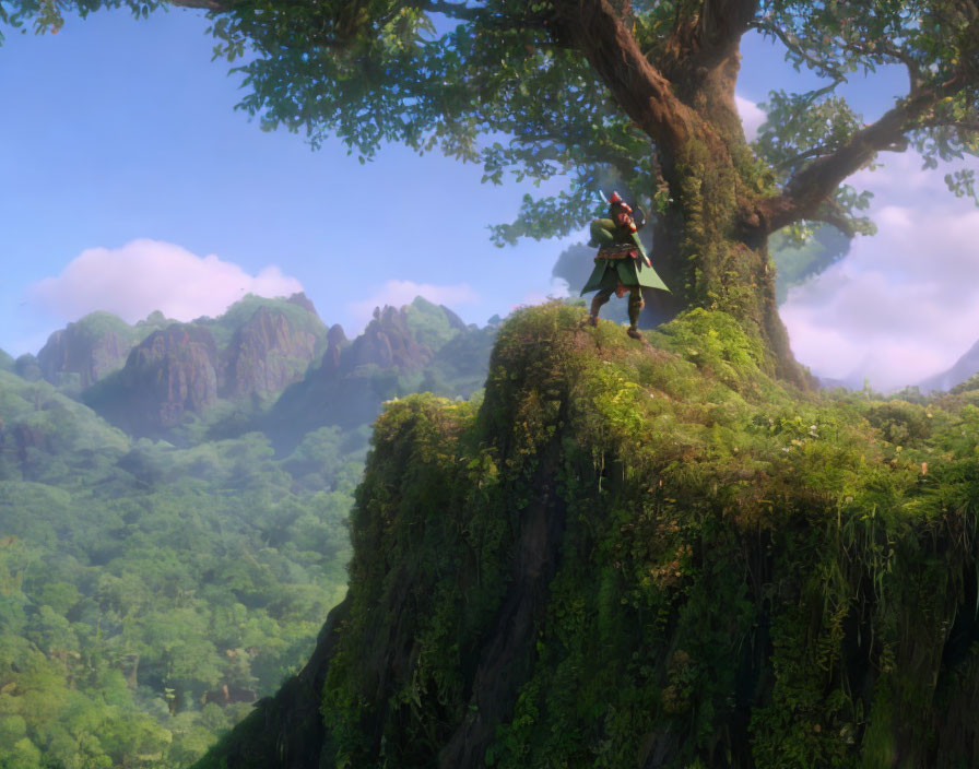 Animated character on cliff with lush green foreground & misty mountains.